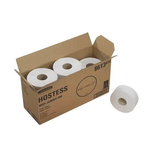 8613 Hostess White 1Ply Toilet Roll - Midi Jumbo  (Case of  12)